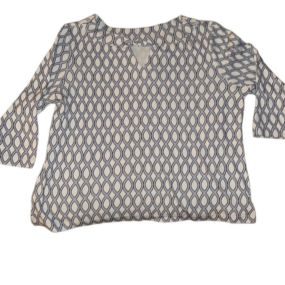 Chico's White Blue Geometric Twist Neck Cotton Convertible Tee Ladies Size 3/XL